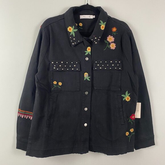 Billy T Floral Embroidered Denim Snap Jacket Size Medium Black Studded - Picture 1 of 9